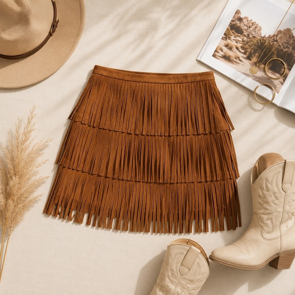 Universal Thread Cognac Brown Faux Suede Tiered Fringe Mini Skirt Womens 6 NEW - Picture 2 of 7